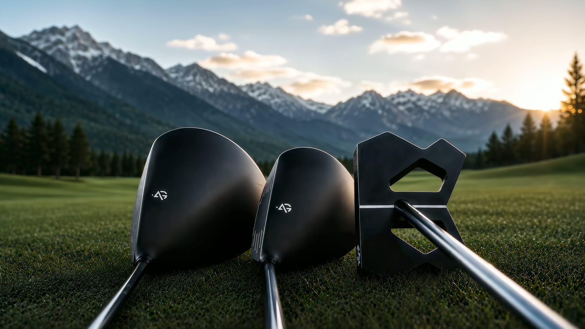 ACE GOLF klubbor på fairway i kvällssol